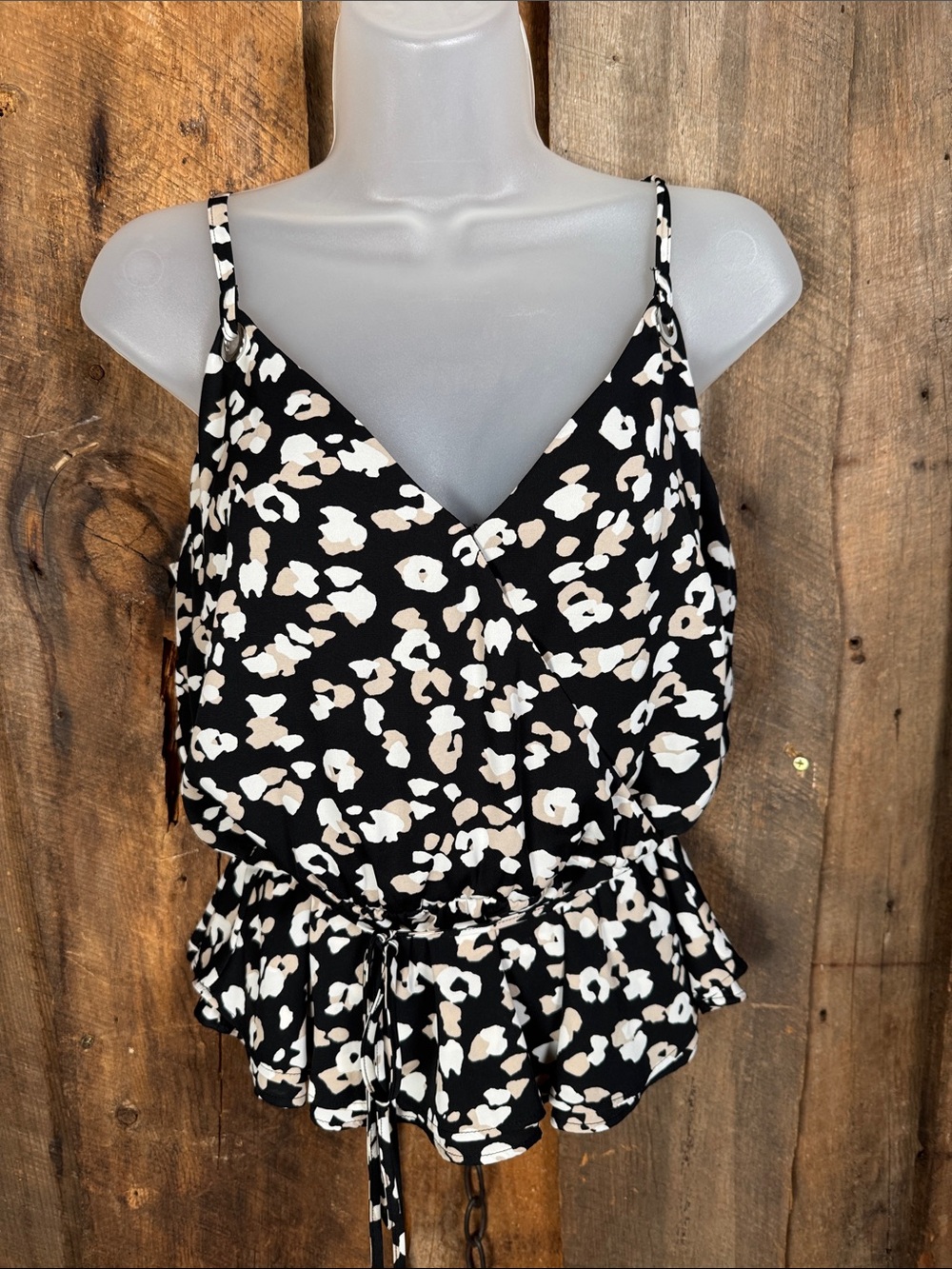 White House Black Market Black and Cream Leopard Wrap Cami